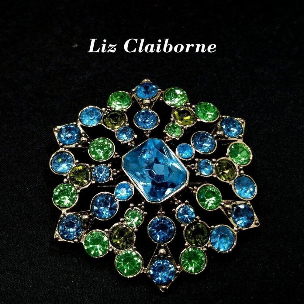 Liz Claiborne Clear Rhinestone Snowflake Brooch, Signed LC, Silver Tone, Vintage